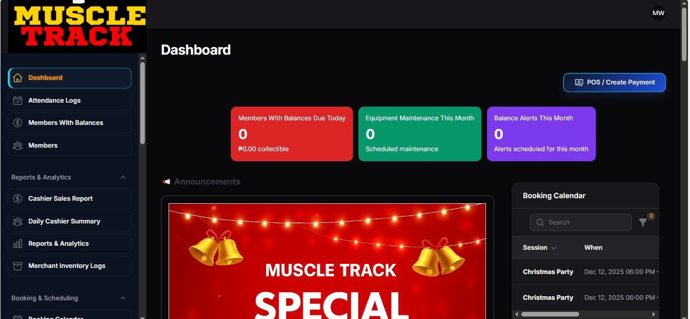 Muscle Track Fitness Center gym management system dashboard (Laravel FilamentPHP)